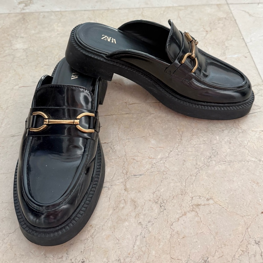 Zara Black Mules with Gold Horsebit / size 8